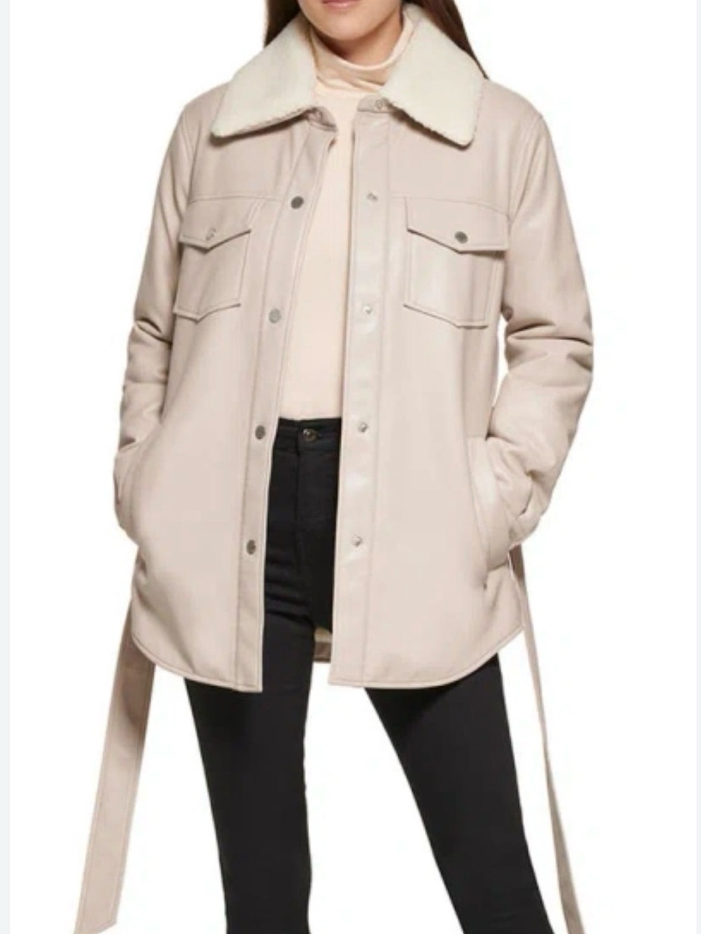 Kenneth Cole Reaction-Leather Tie Belt Shacket with Faux Shearling Collar
